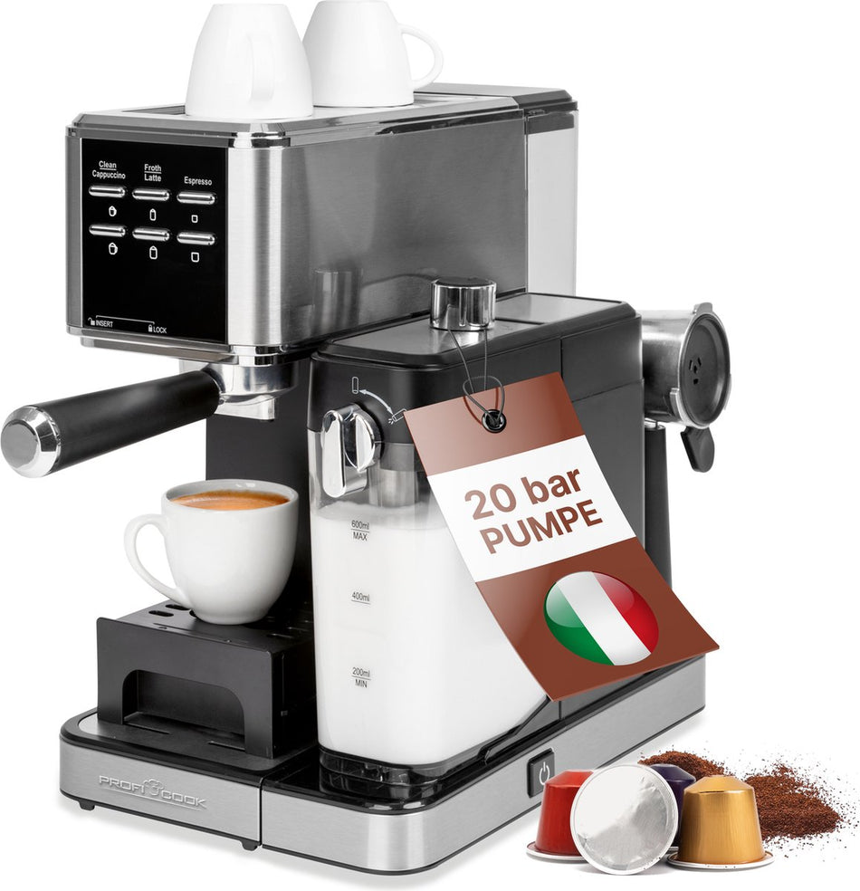 ProfiCook PC‑ES KA 1266 – Espresso‑koffiemachine 2‑in‑1 (Siebträger + Nespresso‑capsules) – 20 bar – RVS/Zwart