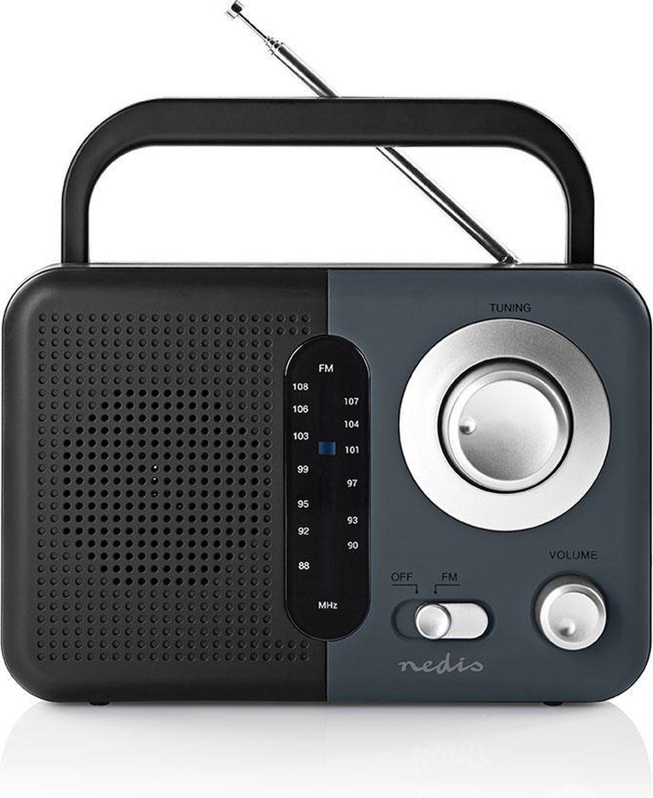 Nedis FM-Radio - Draagbaar Model - FM - Batterij Gevoed / Netvoeding - Analoog - 2.4 W - Zwart-Wit Scherm - Koptelefoonoutput - Handgreep - Grijs / Zwart